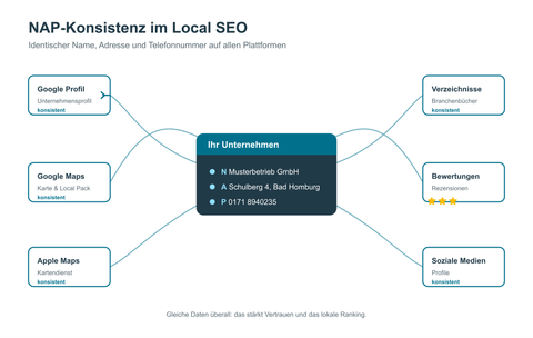 Schema der NAP-Konsistenz: identischer Name, identische Adresse und Telefonnummer fließen vom Unternehmen einheitlich zu Google, Google Maps, Apple Maps, Branchenverzeichnissen, Bewertungsportalen und sozialen Medien.