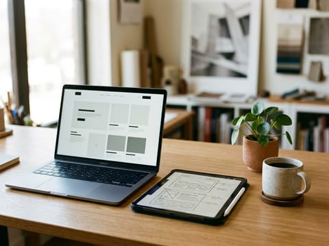 Webdesign-Arbeitsplatz mit Website-Layout auf Laptop und Wireframe auf Tablet