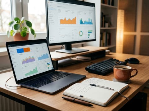 SEO-Analyse mit Charts und Kennzahlen auf Laptop und Monitor am Schreibtisch