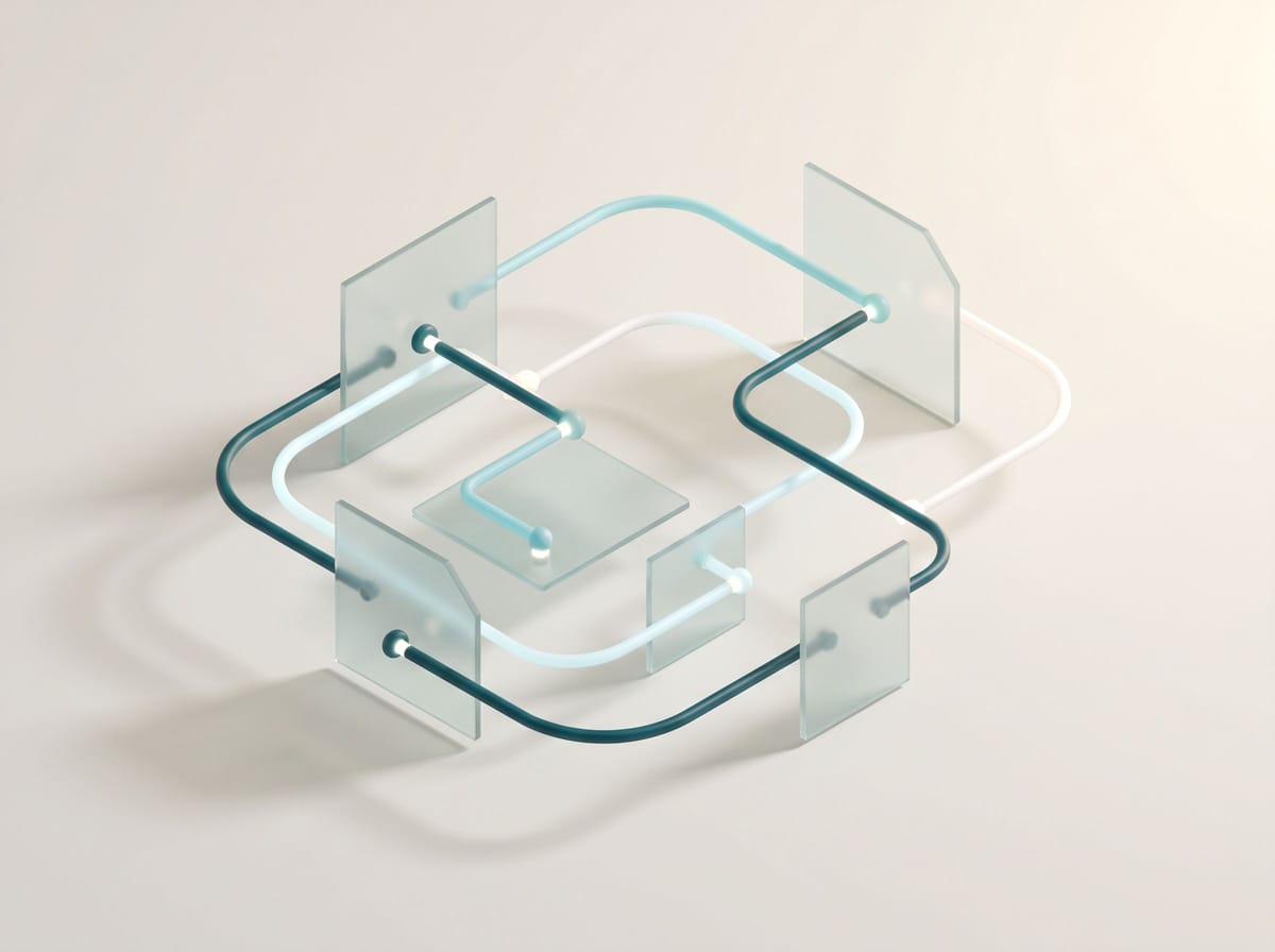 Abstrakte helle Grafik aus verbundenen Knoten und fließenden Linien, die einen wiederkehrenden Arbeitsablauf zu einem glatten Kreislauf zusammenführen.