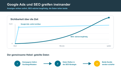 Liniendiagramm der Sichtbarkeit über die Zeit: die Google-Ads-Kurve in Cyan startet sofort hoch und bleibt konstant, die SEO-Kurve in Petrol wächst langsam und überholt sie später. Darunter ein Kreislauf in drei Schritten, in dem Suchbegriffsdaten aus den Kampagnen in die SEO-Strategie fließen und beide Kanäle schärfen.
