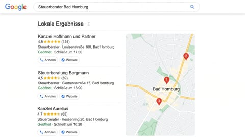 Google-Suchergebnis mit Local Pack: drei lokale Einträge mit Bewertungen und Karte