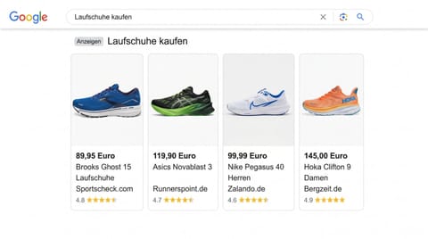 Produktraster eines Online-Shops mit Bildern, Titeln und Preisen in den Google-Suchergebnissen