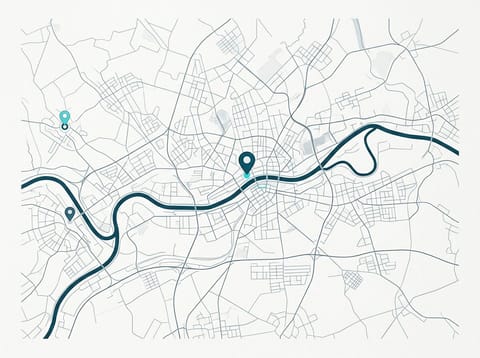 Stilisierte Karte des Rhein-Main-Gebiets um Frankfurt mit Standort-Markierungen für Local SEO