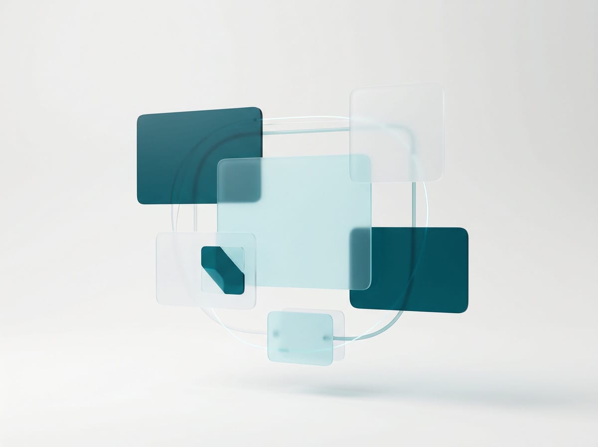 Abstrakte helle Darstellung aus schwebenden Drahtgitter-Ebenen, einem modularen Raster und feinen Geschwindigkeitslinien in Petrol und Cyan.
