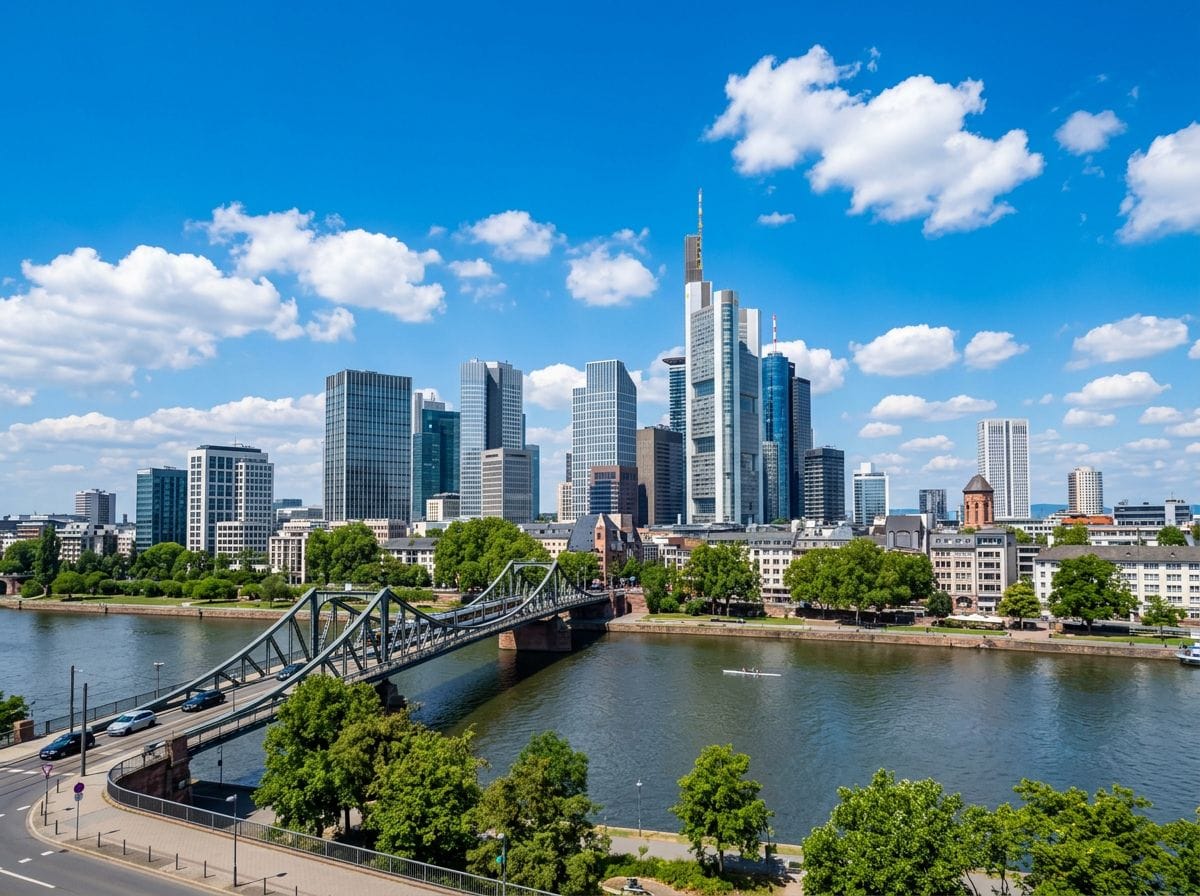 Frankfurt am Main Skyline bei Tag mit Eisernem Steg und Main