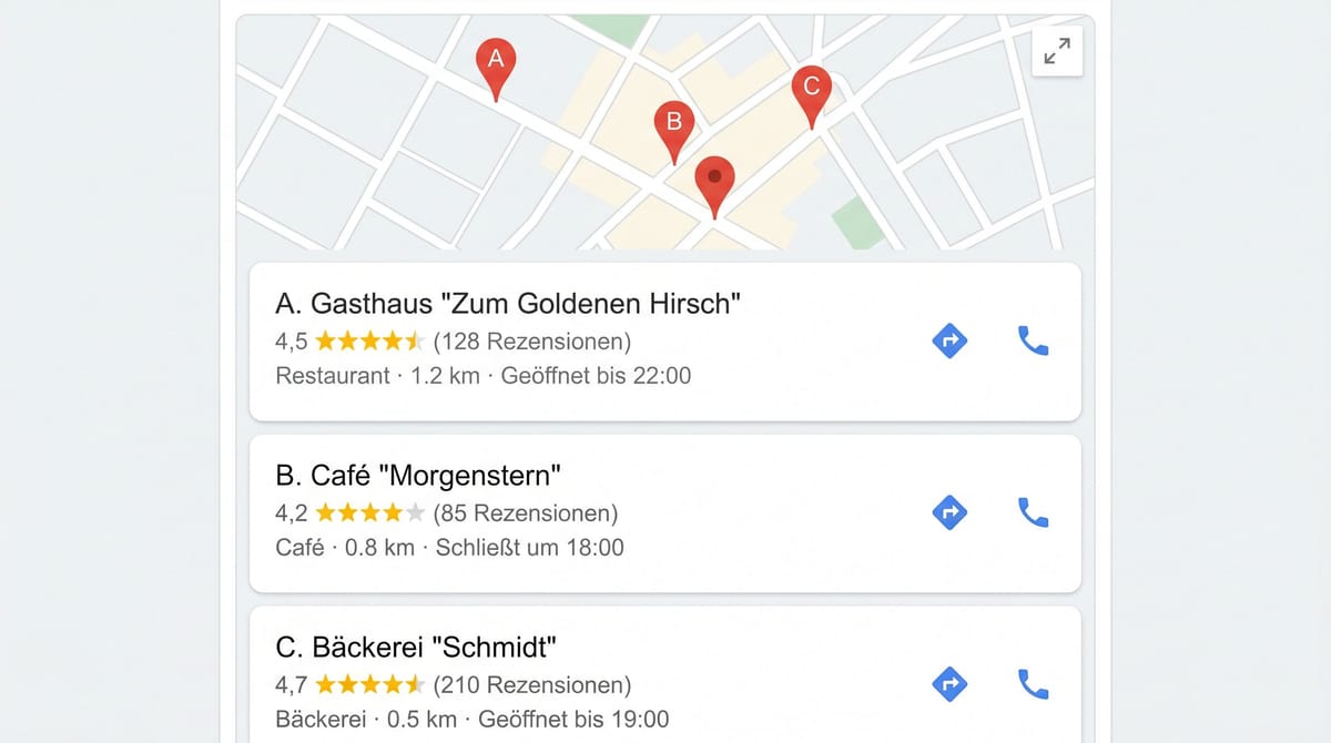 Local Pack in der Google-Suche mit drei lokalen Treffern auf einer Kartenansicht
