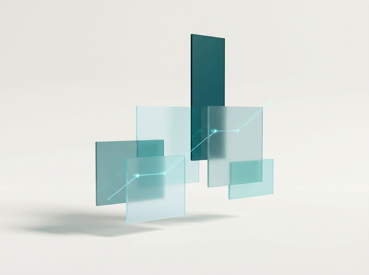 Abstrakte Strategiegrafik in Petrol und Cyan auf hellem Grund: ein Wurzelpunkt verzweigt sich zu vernetzten Knoten und kleinen Diagrammfragmenten.
