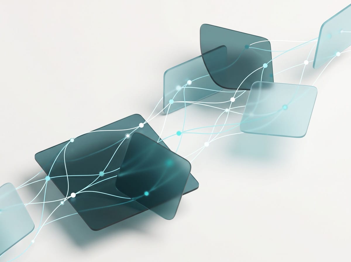 Abstrakte Darstellung eines semantischen Wissensnetzes aus verbundenen Knotenpunkten in Petrol und Cyan auf hellem Grund.