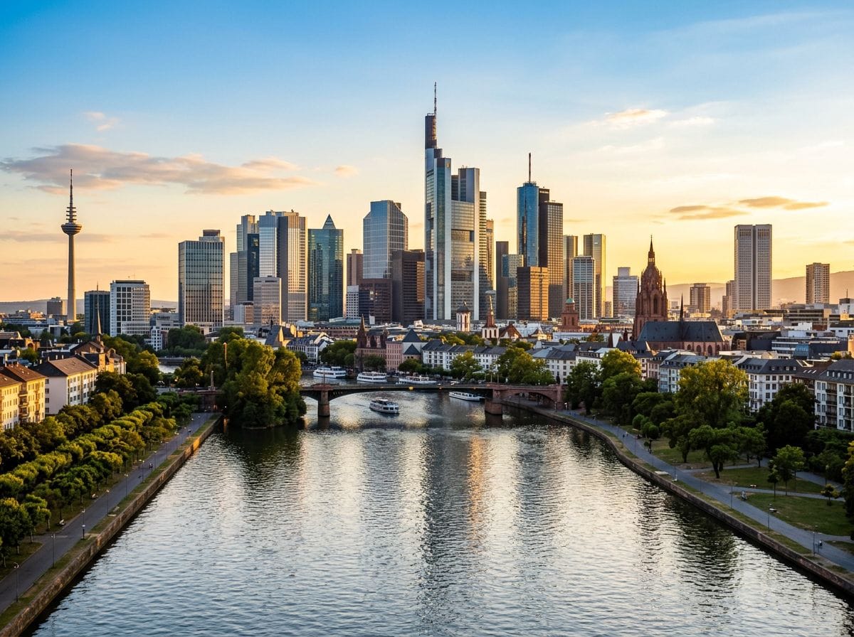 Frankfurt am Main Skyline mit Bankenviertel und Main bei Dämmerung
