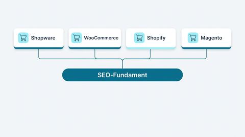 Vier Shop-Systeme (Shopware, WooCommerce, Shopify und Magento) laufen auf einem gemeinsamen SEO-Fundament zusammen.