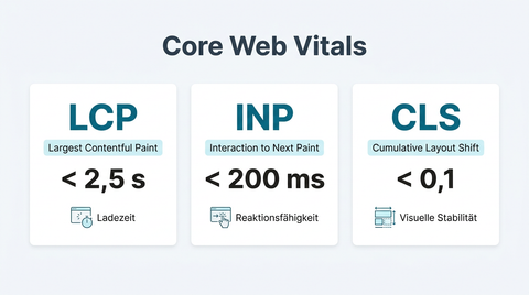 Core-Web-Vitals-Diagramm mit den drei Messwerten LCP unter 2,5 Sekunden, INP unter 200 Millisekunden und CLS unter 0,1.